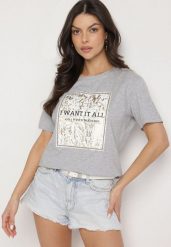 Jasnoszary Bawełniany T-shirt Ozdobiony Nadrukiem Nelltaria. Szare t-shirty damskie Born2be, m, bez wzorów, z bawełny, eleganckie, bez kołnierzyka, bez ramiączek. Za 39.99 zł.