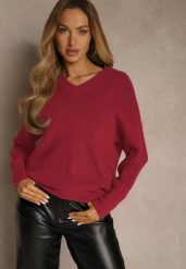 Bordowy Sweter z Dodatkiem Kaszmiru i Trójkątnym Dekoltem Silefera. Czerwone swetry nierozpinane damskie Renee, bez wzorów, z jeansu, casualowe, bez kołnierzyka, bez ramiączek. Za 99.99 zł.