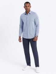 Spodnie męskie chino o dopasowanym kroju - ciemnoniebieskie V4 OM-PACP-0151 - XXL. Niebieskie eleganckie spodnie męskie Ombre Clothing, bez wzorów, z bawełny. Za 179.99 zł.