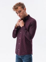 Koszula męska elegancka z długim rękawem - bordowa - Rozmiar: XXL. Czerwone koszule męskie Ombre Clothing, m, bez wzorów, z bawełny, biznesowe, bez kołnierzyka, bez ramiączek. W wyprzedaży za 39.99 zł.