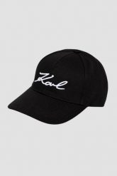 KARL LAGERFELD Czarna czapka damska z daszkiem Signature Cap. Czarne czapki damskie KARL LAGERFELD, z aplikacjami, eleganckie. W wyprzedaży za 180.99 zł.