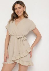 Beżowa Rozkloszowana Sukienka Ozdobiona Falbanami i Paskiem Zivene. Brązowe sukienki damskie Born2be, na imprezę, na lato, l, bez wzorów, eleganckie, bez kołnierzyka, bez ramiączek, mini, rozkloszowane. Za 59.99 zł.
