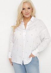 Biała Bawełniana Koszula z Ozdobnym Haftem Edivielis. Białe koszule damskie Born2be, xl, bez wzorów, z bawełny, eleganckie, bez kołnierzyka, bez ramiączek. Za 99.99 zł.
