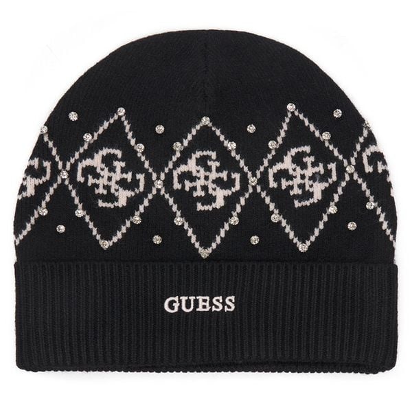 Czapka Guess. Czarne czapki damskie Guess, na zimę, z aplikacjami. Za 174.99 zł.