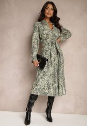 Zielona Sukienka z Bawełny w Panterkowy Print o Koszulowym Kroju Wiązana w Pasie Inoraelis. Zielone sukienki damskie Renee, na co dzień, l, bez wzorów, z bawełny, eleganckie, bez kołnierzyka, bez ramiączek, midi, koszulowe. Za 109.99 zł.