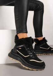 Czarne Płaskie Trapery Sneakersy z Metaliczną Wstawką i Futerkiem Adelanora. Czarne trapery damskie Born2be, z jeansu, bez zapięcia. Za 129.99 zł.