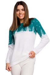 Sweter z Motywem Choinek -- Szmaragdowy. Zielone swetry nierozpinane damskie MOE, uniwersalny, bez wzorów, z materiału, bez kołnierzyka, bez ramiączek. Za 211.90 zł.