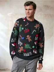 Grający sweter z motywem świątecznym - czarny. Czarne swetry męskie Sinsay, l, bez wzorów, wizytowe, bez kołnierzyka, bez ramiączek. Za 79.99 zł.