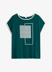 T-shirt z kontrastową lamówką. Zielone t-shirty damskie bonprix, bez wzorów, eleganckie, bez kołnierzyka, bez ramiączek. Za 19.99 zł.