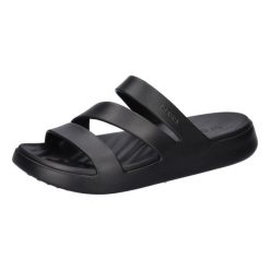 Klapki damskie Crocs Getaway Strappy. Czarne klapki damskie Crocs, bez wzorów, z materiału, bez obcasa, bez zapięcia. Za 254.00 zł.