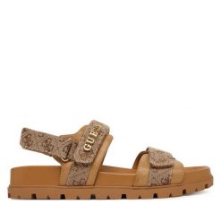 Sandały Guess. Brązowe sandały damskie Guess, z aplikacjami, bez obcasa, na płaskiej podeszwie, bez zapięcia. Za 499.99 zł.