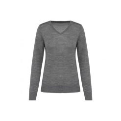 Damski sweter z merynosów z dekoltem v-neck Kariban Premium. Szare swetry nierozpinane damskie KARIBAN, na zimę, bez wzorów, z wełny, eleganckie, bez kołnierzyka, bez ramiączek. W wyprzedaży za 268.00 zł.