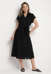 Czarna Wiskozowa Sukienka Koszulowa z Paskiem Rinaruna. Czarne sukienki damskie Born2be, na co dzień, l, bez wzorów, z wiskozy, eleganckie, bez kołnierzyka, bez ramiączek, midi, koszulowe. Za 89.99 zł.