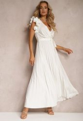 Biała Kopertowa Sukienka z Gumką w Pasie i Materiałowym Paskiem Ozdobiona Falbankami Tiamatalia. Białe sukienki damskie Renee, na imprezę, l, bez wzorów, z materiału, eleganckie, bez kołnierzyka, bez ramiączek, maxi, kopertowe. Za 99.99 zł.