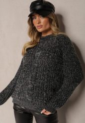 Czarny Sweter z Dodatkiem Wiskozy i Ozdobnym Splotem Cialara. Czarne swetry nierozpinane damskie Renee, bez wzorów, z jeansu, casualowe, bez kołnierzyka, bez ramiączek. Za 59.99 zł.
