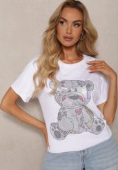 Biały T-shirt z Bawełny Ozdobiony Cyrkoniami Indilla. Białe t-shirty damskie Renee, uniwersalny, z aplikacjami, z bawełny, eleganckie, bez kołnierzyka, bez ramiączek. Za 39.99 zł.