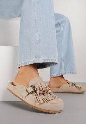 Ciemnobeżowe Klapki na Grubej Podeszwie z Frędzlami Klamrami i Koralikami Glysnell. Brązowe klapki damskie Born2be, na lato, bez wzorów, z jeansu, biznesowe, bez obcasa, na płaskiej podeszwie, bez zapięcia. Za 109.99 zł.