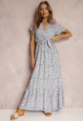 Niebiesko-Fioletowa Sukienka Nemogeus. Niebieskie sukienki damskie Renee, l, z aplikacjami, z materiału, bez kołnierzyka, bez ramiączek, maxi, kopertowe. Za 54.99 zł.