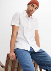 Koszula z krótkim rękawem, ze stretchem, Slim Fit. Białe koszule męskie bonprix, l, bez wzorów, bez kołnierzyka, bez ramiączek. Za 84.99 zł.