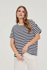 Bluza oversize w paski granatowa. Bluzy damskie MOODO, l, bez wzorów, z bawełny, bez ramiączek, bez kaptura. Za 79.99 zł.