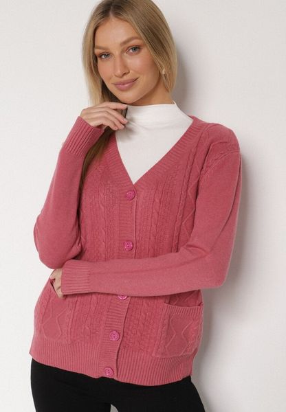 Ciemnoróżowy Kardigan z Bawełną Zdobiony Warkoczowym Splotem i Kieszeniami Mevesava. Czerwone kardigany damskie Born2be, na zimę, z aplikacjami, z bawełny, klasyczne, bez kołnierzyka. Za 54.99 zł.