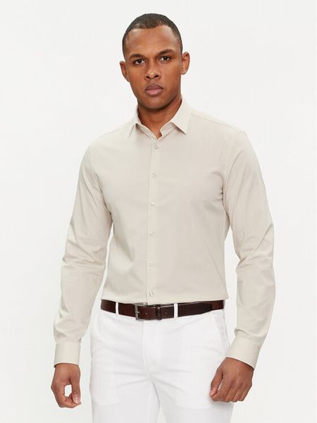 Calvin Klein Koszula K10K108229 Beżowy Slim Fit. Brązowe koszule męskie Calvin Klein, m, bez wzorów, z bawełny, biznesowe, bez kołnierzyka, bez ramiączek. Za 199.99 zł.