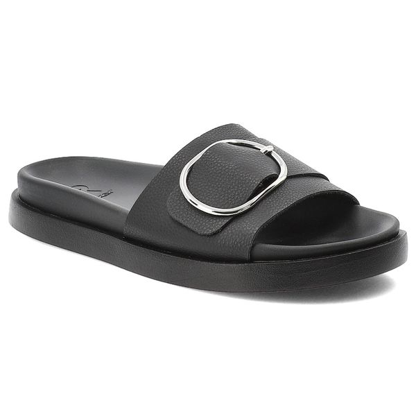 Czarne Klapki Rieker Skórzane Obuwie Damskie. Czarne klapki damskie Rieker, bez wzorów, ze skóry, eleganckie, bez obcasa, bez zapięcia. Za 229.00 zł.