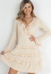 Beżowa Sukienka Mini z Gumką w Talii i Falbankami Livarria. Brązowe sukienki damskie Born2be, na imprezę, l, bez wzorów, eleganckie, bez kołnierzyka, bez ramiączek, mini, rozkloszowane. Za 169.99 zł.