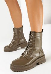 Zielone Lakierowane Botki Workery Ralotta. Zielone botki damskie Born2be, bez wzorów, z jeansu, eleganckie, bez obcasa, na płaskiej podeszwie, bez zapięcia. Za 99.99 zł.
