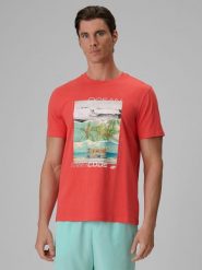 4F T-shirt regular z nadrukiem męski - koralowy L. Pomarańczowe t-shirty męskie 4F, l, bez wzorów, z bawełny, bez kołnierzyka, bez ramiączek. Za 79.99 zł.
