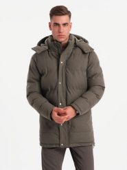Długa ciepła męska kurtka typu parka z wełną – ciemnooliwkowy melanż V4 OM-JALJ-0217 - XXL. Zielone kurtki męskie Ombre Clothing, l, z aplikacjami, z materiału, bez kaptura. W wyprzedaży za 199.99 zł.