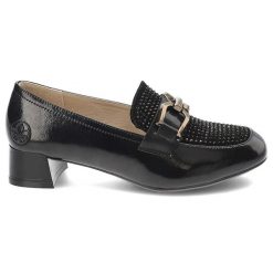 Czarne Półbuty Rieker Eleganckie Obuwie Damskie Na Obcasie. Czarne półbuty damskie Rieker, z aplikacjami, z lakierowanej skóry, eleganckie, bez obcasa, na obcasie, bez zapięcia. Za 379.00 zł.
