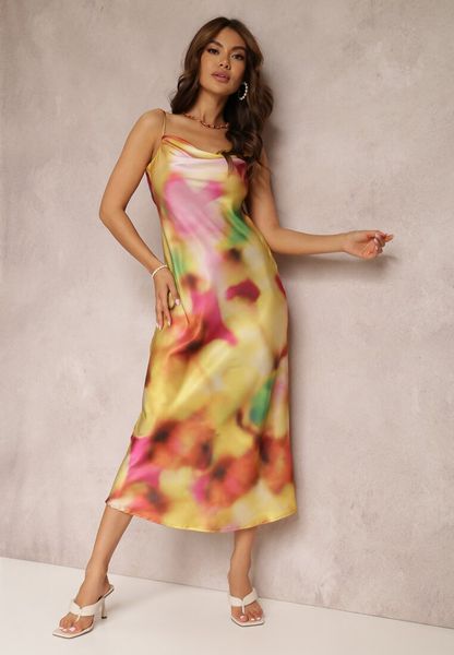 Żółta Sukienka Iphena. Żółte sukienki damskie Renee, l, bez wzorów, z satyny, klasyczne, bez kołnierzyka, bez ramiączek, midi. Za 109.99 zł.