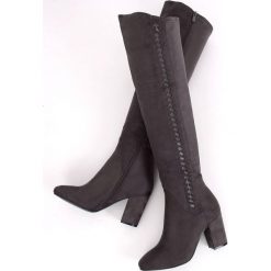 Muszkieterki na obcasie szare 7539-GG Grey. Szare kozaki damskie ButyModne, z aplikacjami, z futra, bez obcasa, na obcasie, bez zapięcia. Za 139.00 zł.