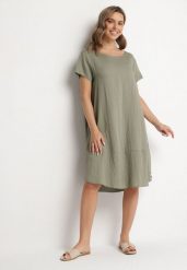 Zielona Rozkloszowana Wiskozowa Sukienka Trivoria. Zielone sukienki damskie Born2be, na co dzień, l, bez wzorów, z materiału, eleganckie, bez kołnierzyka, bez ramiączek, midi, rozkloszowane. Za 54.99 zł.