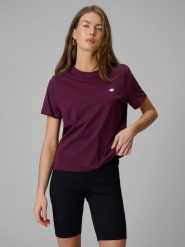 4F T-shirt boxy gładki damski - burgundowy M. Czerwone t-shirty damskie 4F, m, bez wzorów, z bawełny, bez kołnierzyka, bez ramiączek. Za 49.99 zł.