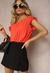 Pomarańczowy Plisowany Top Koszulka z Krótkim Rękawem Meavina. Brązowe bluzki damskie Renee, l, bez wzorów, eleganckie, bez kołnierzyka, bez ramiączek. Za 39.99 zł.