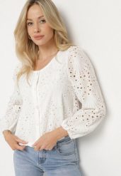 Biała Haftowana Koszula z Bawełny Fonarose. Białe koszule damskie Born2be, l, bez wzorów, z bawełny, eleganckie, bez kołnierzyka, bez ramiączek. Za 84.99 zł.