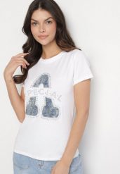 Biały Bawełniany T-shirt Ozdobiony Napisem i Cyrkoniami Isnorea. Białe t-shirty damskie Born2be, m, bez wzorów, z bawełny, glamour, bez kołnierzyka, bez ramiączek. Za 34.99 zł.
