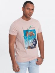 Męski t-shirt bawełniany z nadrukiem California - różowy V2. Czerwone t-shirty męskie Ombre Clothing, m, bez wzorów, z bawełny, bez kołnierzyka, bez ramiączek. W wyprzedaży za 29.99 zł.