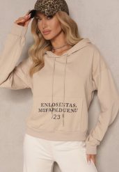 Beżowa Bluza o Klasycznym Kroju z Kapturem i Kieszenią Firloti. Brązowe bluzy damskie Renee, l, bez wzorów, z jeansu, casualowe, bez ramiączek, z kapturem. Za 49.99 zł.