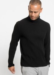 Sweter z golfem, z prążkowanej bawełny z recyklingu. Czarne swetry męskie bonprix, l, bez wzorów, z bawełny, bez kołnierzyka, bez ramiączek. Za 109.99 zł.