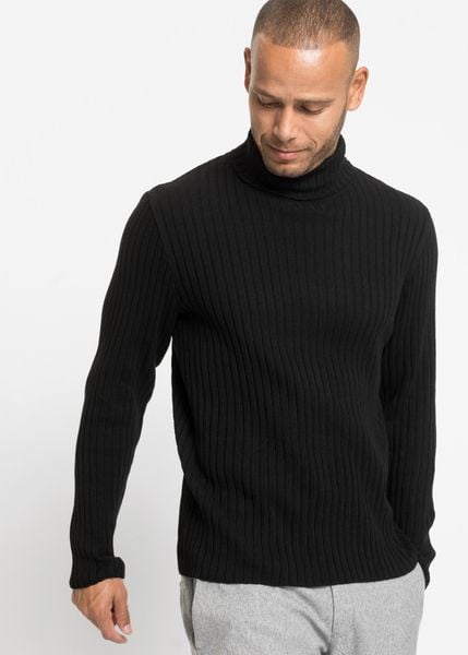 Sweter z golfem, z prążkowanej bawełny z recyklingu. Czarne swetry męskie bonprix, l, bez wzorów, z bawełny, bez kołnierzyka, bez ramiączek. Za 99.99 zł.