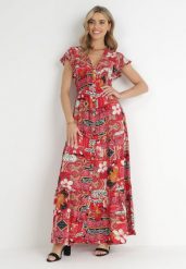 Czerwona Sukienka Maxi z Wiskozy z Gumką w Talii i Guzikami Nyllu. Czerwone sukienki damskie Born2be, l, z aplikacjami, z wiskozy, bez kołnierzyka, bez ramiączek, maxi. Za 79.99 zł.
