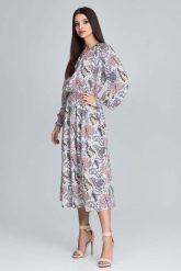 Stylowa Sukienka w Barwny Deseń z Bufiastym Rękawem - Wzór 79. Niebieskie sukienki damskie Figl, na lato, m, bez wzorów, z elastanu, eleganckie, bez kołnierzyka, bez ramiączek. Za 299.00 zł.