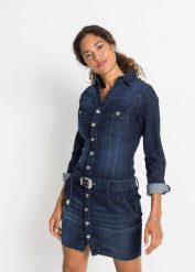 Sukienka dżinsowa z paskiem. Niebieskie sukienki damskie bonprix, bez wzorów, eleganckie, bez kołnierzyka, bez ramiączek, plisowane. Za 209.99 zł.