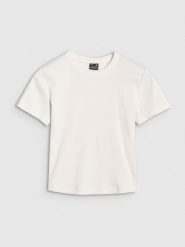 4F T-shirt slim z prążkowanej dzianiny damski - biały S. Białe t-shirty damskie 4F, s, bez wzorów, z bawełny, klasyczne, bez kołnierzyka, bez ramiączek. W wyprzedaży za 49.99 zł.