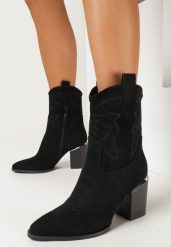 Czarne Botki Kowbojki z Przeszyciami Teresamea. Czarne botki damskie Born2be, bez wzorów, z jeansu, bez obcasa, na obcasie, bez zapięcia. Za 159.99 zł.