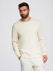Bluza męska dresowa BASIC z okrągłym dekoltem - kremowa V11 - Rozmiar: M. Białe bluzy męskie Ombre Clothing, m, bez wzorów, z bawełny, bez ramiączek, bez kaptura. W wyprzedaży za 109.49 zł.