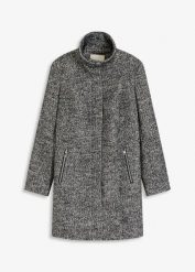Krótki płaszcz z miękkiej tkaniny bouclé. Czarne płaszcze damskie bonprix, bez wzorów, z tkaniny, eleganckie, bez kołnierzyka, bez kaptura. Za 319.99 zł.